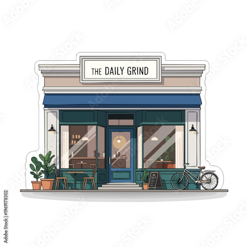 Quaint storefront with blue awning, windows, seating, plants, and bike