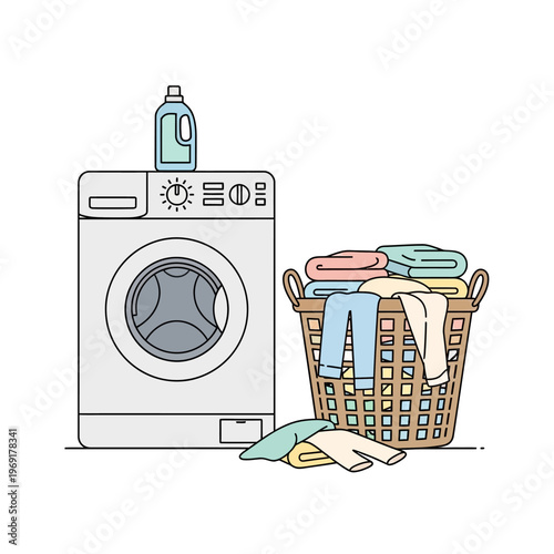 Washing Machine, Laundry Basket Full of Clothes, and Detergent Bottle - Cleanliness Concept