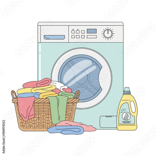 Washing Machine, Laundry Basket Full of Clothes, and Detergent Bottle - Cleanliness Concept
