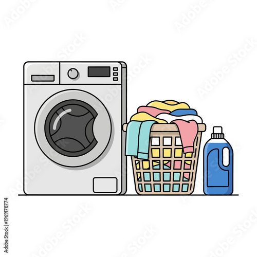 Washing Machine, Laundry Basket, and Detergent Bottle - Household Chores Concept
