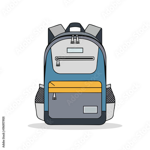 Modern blue and gray backpack with multiple pockets and side mesh compartments