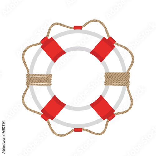 A red and white circular life preserver with brown rope wrapped around it