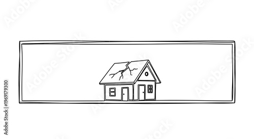 Architectural fragility depicted as a home with visible roof damage in a clean black and white