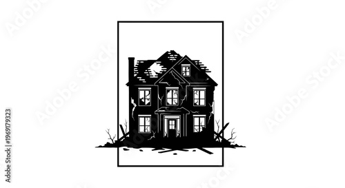 Creepy old abandoned manor house silhouette with shattered windows and decaying facade