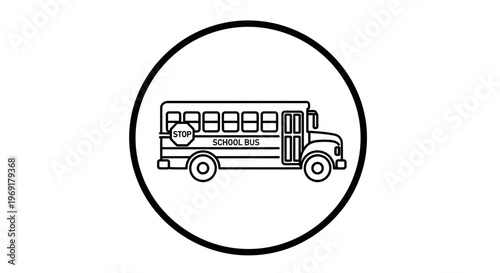 Minimalist linear depiction of a school bus, highlighting student transportation and safety