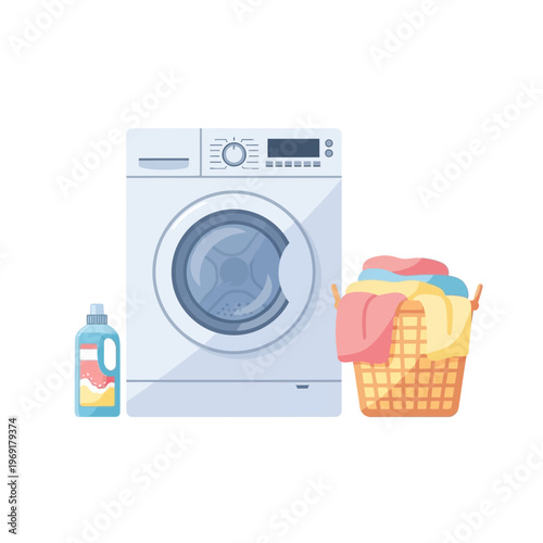 Laundry day flat design: washing machine, basket of clothes, detergent bottle