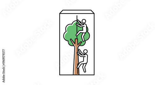 Symbolic representation of two figures ascending a vibrant green tree within a structured