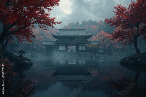 Ethereal Japanese Temple Reflected in Misty Pond, Framed by Vivid Autumn Maples.