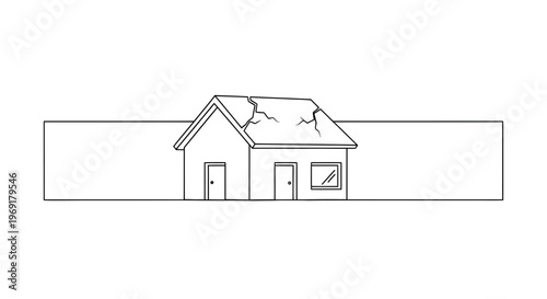 Minimalist line art illustration portraying a small house with significant roof damage and