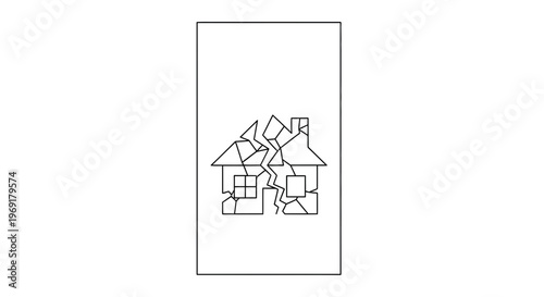 Minimalist line drawing of a shattered home symbolizing instability, crisis, or family separation
