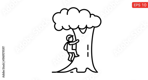 Minimalist outline drawing of an adventurous person actively climbing a sturdy tree trunk