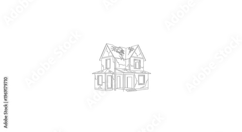 Vector outline of a decaying two-story house with a damaged roof and cracked walls, symbolizing