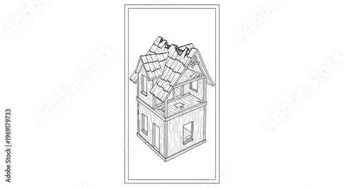 Detailed line art illustration of a deconstructed two-story house showing internal structure and