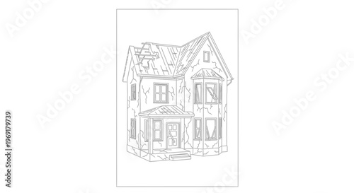 Detailed line art illustration showcasing a weathered and abandoned dwelling with severe