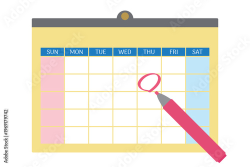 壁掛けカレンダーに赤ペンで丸を書き込むイラスト