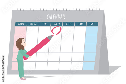 卓上カレンダーに予定・丸を書き込む女性のイラスト