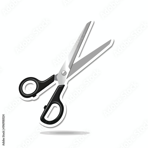 Opened black handled scissors with metal blades cast a shadow