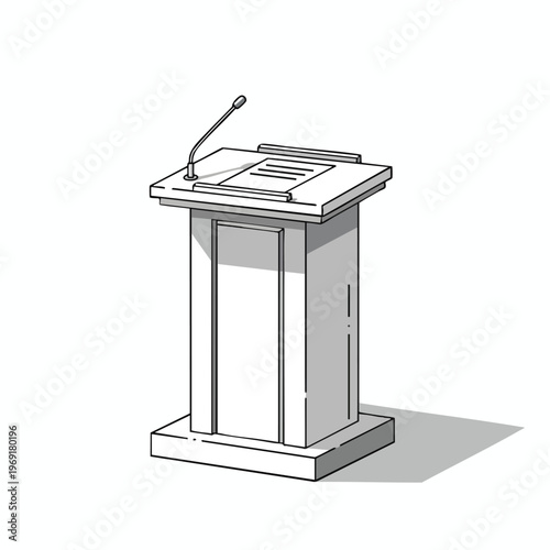 An illustration of a podium with a microphone and papers, casting a shadow