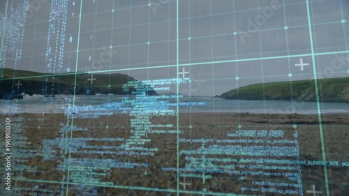 Vertical video: Pebbled cove HUD overlay starting, cyan grid streaming code and shifting for design