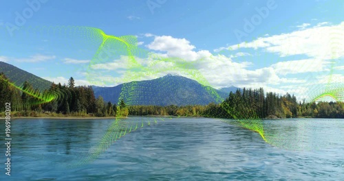 Gliding neon-green ribbon sweeping across calm lake at daylight, with mountain island, clouds, bird