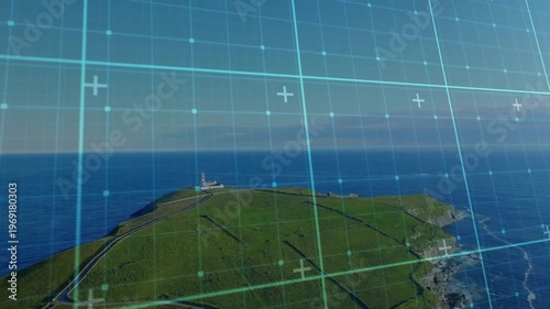 Coastal headland shifting under camera push, tech grid drifting aligning over lighthouse and roads