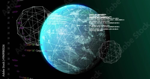 Stylized globe rotating in cyber view, code blocks scrolling from right, monitoring security