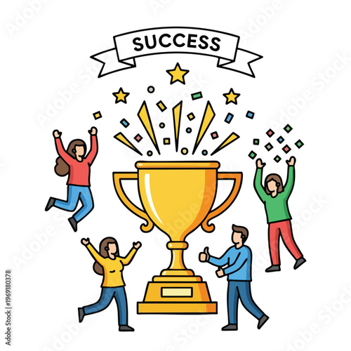 Four people celebrate around a golden trophy with confetti and stars