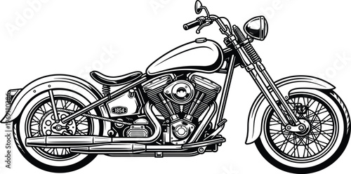 Konstfotografi Classic motorcycle vector illustration, black and white chopper bike, vintage transport sketch, isolated engine design, custom cruiser drawing, retro ride