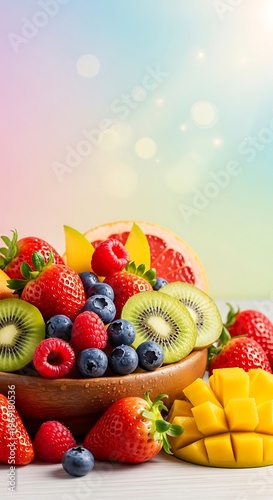 Vibrant assorted fruits arrangement in wooden bowl on pastel backdrop