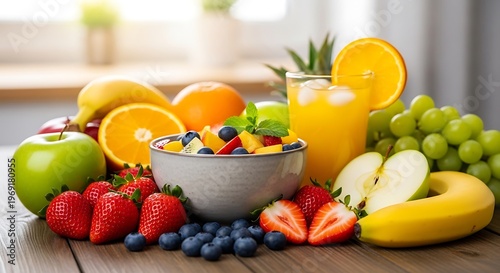 Vibrant Display of Assorted Fruits with Refreshing Orange Juice on Table