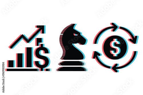 Anaglyph icons depicting growth chess and financial circulation