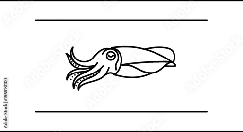 Minimalist black outline drawing of a lively squid in simple artistic vector illustration style