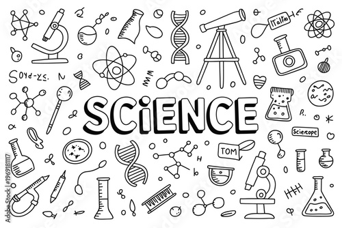 Doodle illustration featuring various scientific tools and concepts
