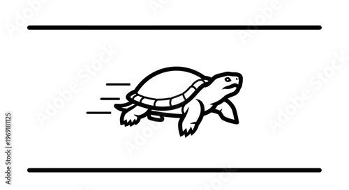 Dynamic stylized monochrome turtle swiftly progressing across a minimal white background,