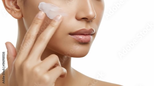 A woman applying cream to her cheek with her finger on a plain white background. Perfect for skincare, beauty, and health advertisements.