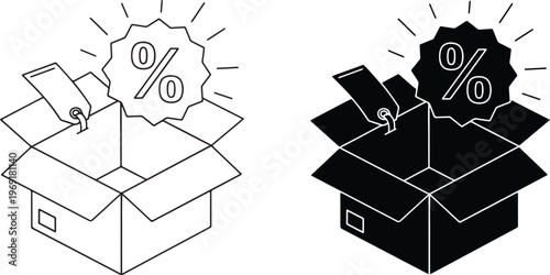 Hand holding an empty open cardboard gift box with zero percent discount sign isolated on transparent background