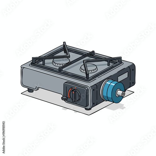 Two-burner portable gas stove with blue canister attached and knob control