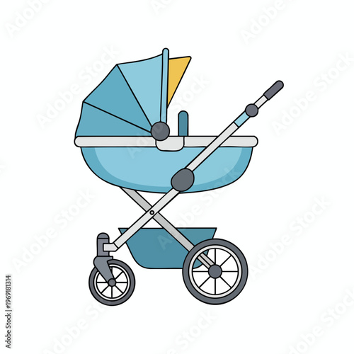 A blue vintage baby carriage with a yellow canopy and large wheels
