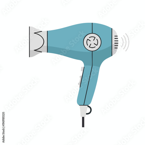 A stylized, blue hairdryer with a silver nozzle, emitting wavy lines of sound
