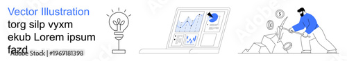 Innovation, data analysis, financial growth, digital economy, productivity, tech solutions. A lightbulb, a graph on a screen and a person mining coins. Innovation and data analysis
