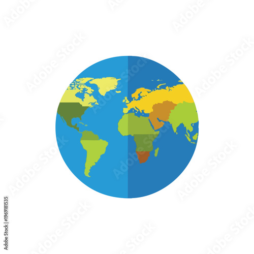 Flat, simplified globe with continents depicted in distinct colors