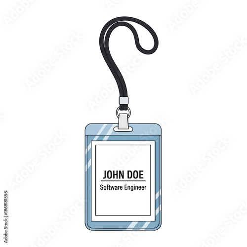 Light blue lanyard ID badge holder with black cord, displays "JOHN DOE Software Engineer