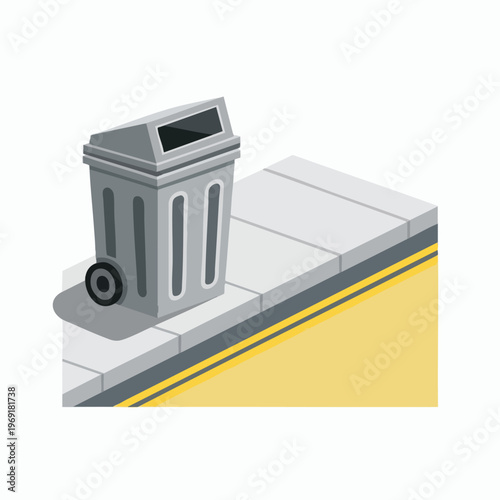 Gray wheeled trash bin on sidewalk with yellow and grey striped curb