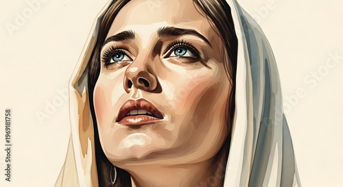 Cinematic biblical woman portrait wearing blue veil with emotional expression and blue eye looking up toward divine light, prayerful face of faith and hope in ancient style setting.
