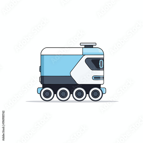 A blue and white autonomous delivery robot with four wheels