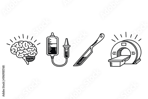 Medical icons depicting brain iv drip scalpel and mri scanner