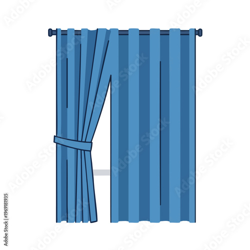 Blue curtains are tied back to reveal a window