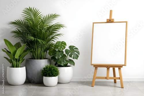 Blank white canvas on wooden easel in minimalist room with lush potted plants