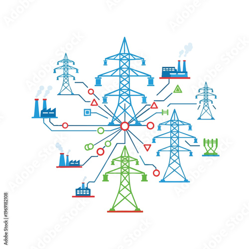 A schematic of power plants and transmission towers connected by lines and symbols