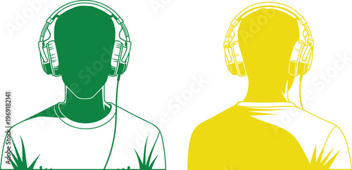 Colorful silhouette of person wearing headphones front and back view vector illustration modern music listener audio technology design